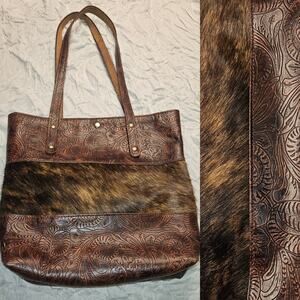 Elegant Brown Embossed Leather Fur Tote Floral Bag